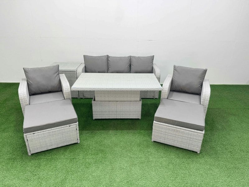 Fimous Light Grey PE Rattan Outdoor Lounge Set - Reclining Chair, Adjustable Lifting Dining/Coffee Table, Side Table & 2 Big Footstools