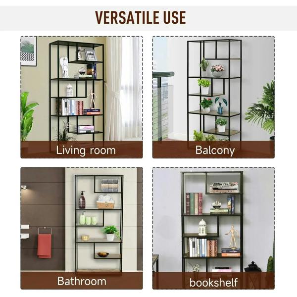 Tall black metal bookshelf shown in multiple room setups with plants and books