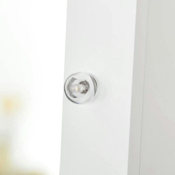 White mirrored jewelry cabinet side knob detail for opening the cabinet door
