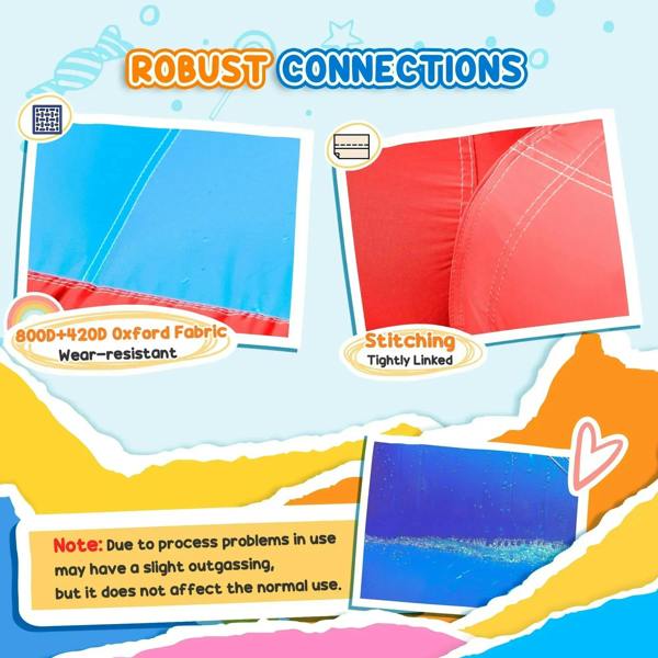 Bounce house reinforced fabric panels with stitched connections, red and blue