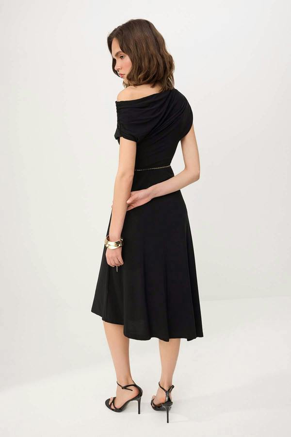 WOVCOR Off Shoulder Ruched Sleeve Chain Belt Midi Party Dress