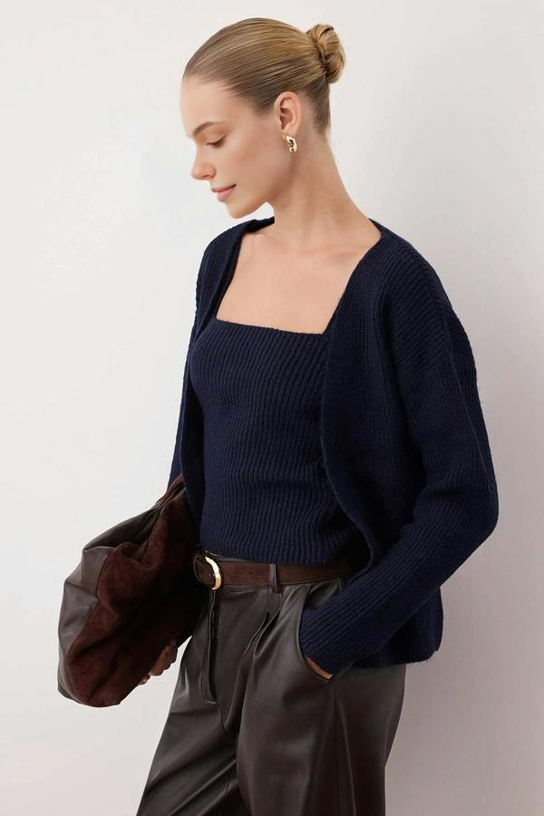 WOVCOR 2-Piece Knit Soft-Textured Blouse-Cardigan Set