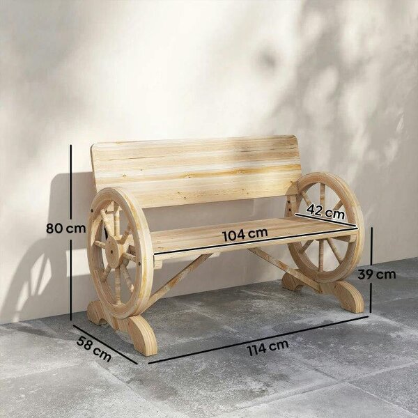 Fir Wood 2-Seater Outdoor Garden Wagon Wheel Bench, Natural Wood Finish