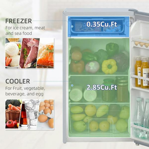 Grey fridge freezer open, freezer and cooler compartments visible behind clear doors