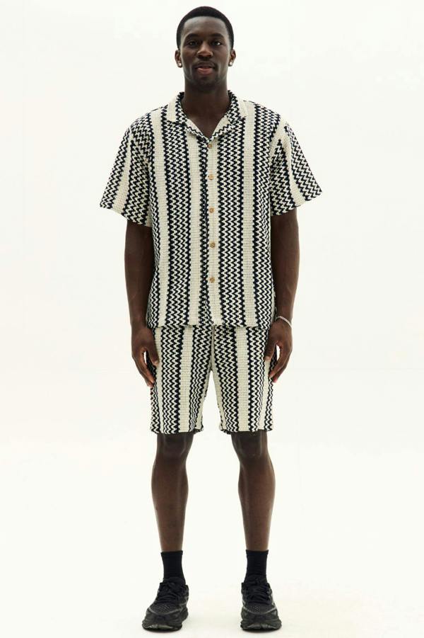 Men’s Crochet Texture Matching Shirt & Shorts Set – Boxy Fit | 100% Cotton
