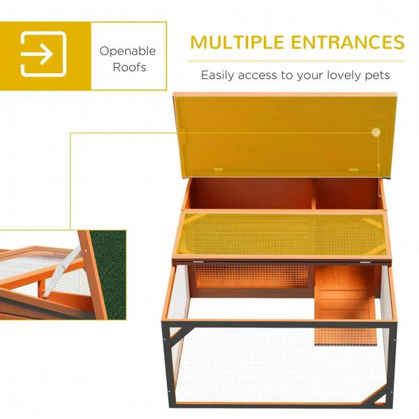 Orange small animal hutch with multiple openable roof sections and mesh access