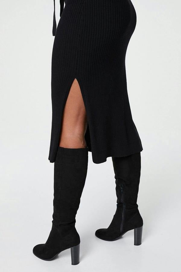 Black | Long Sleeve Knit Bodycon Midi Dress