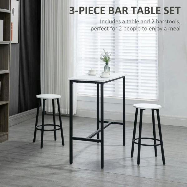Black metal bar table with white marble-effect top and two white round-cushion stools