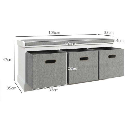 Wyld Haus Elfila Wooden White 3 Drawer Shoe Storage Bench With Grey Padded Seat