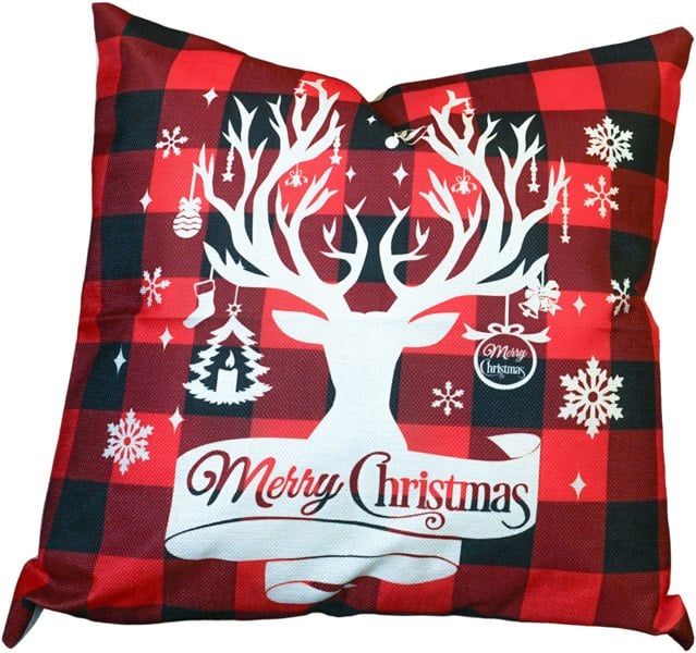 Xmas Haus Christmas Cushion, Black/Red Plaid Stag (45x45cm)