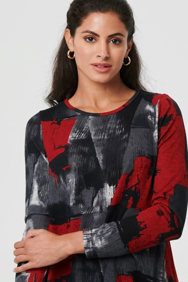 Red | Printed Long Sleeve Short Shift Dress
