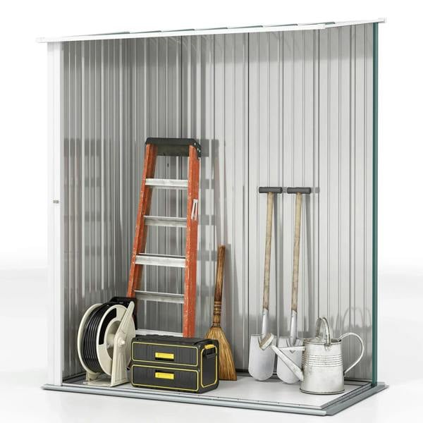Grey corrugated steel garden shed with open door and tools stored inside
