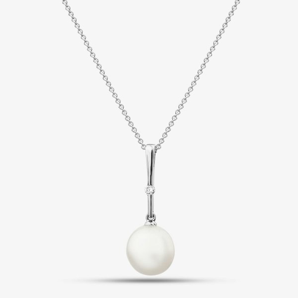 T. H. Baker 9ct White Gold Freshwater Pearl & Diamond Bar Pendant Necklace POZ80125DD