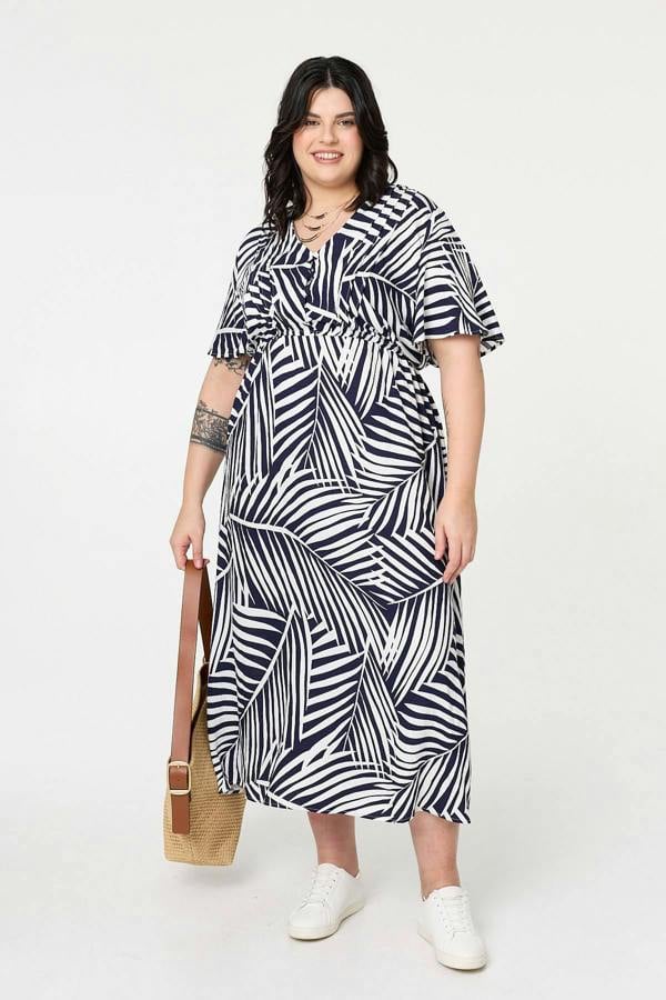 Navy | Curve Leaf Print Short Sleeve Midi Dress