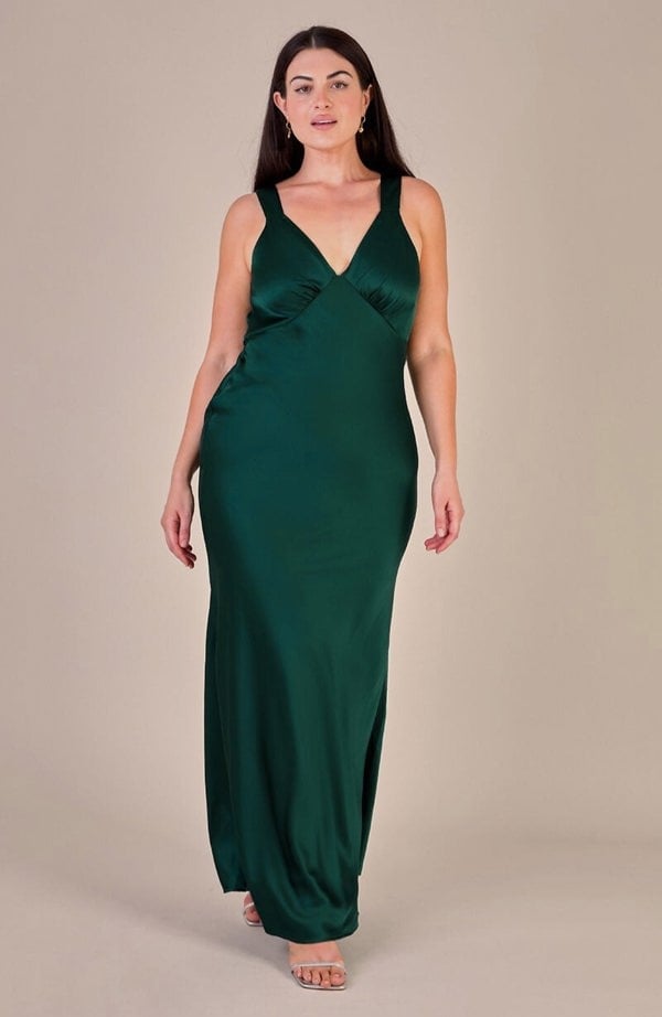 Rewritten London Amelia Dress in Forest Green Satin