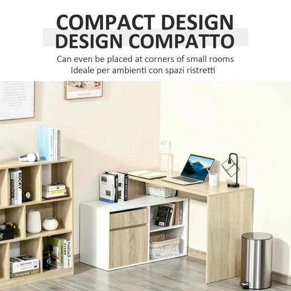Compact L-shaped corner desk in oak and white with drawer cabinet and open shelves