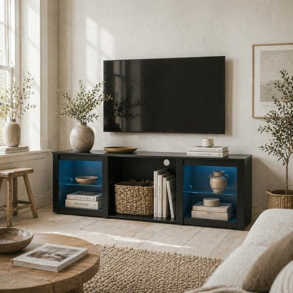 Wyld Haus Filu Nara 160cm Wooden Black TV Stand With LED Lighting And Storage For 65 Inch Screens