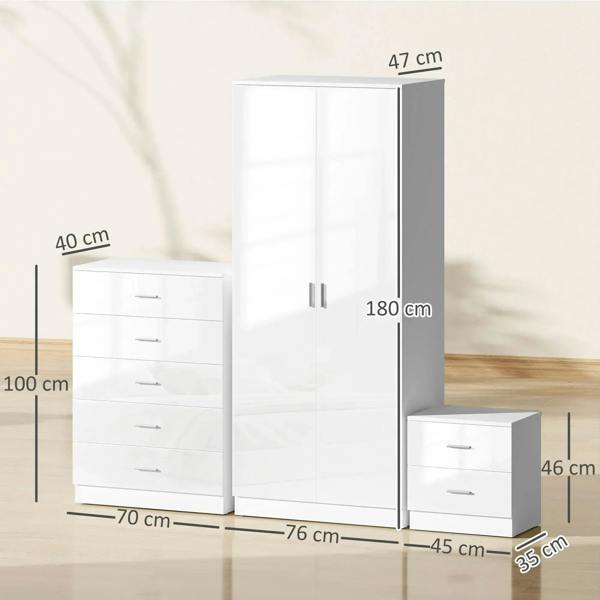 White high-gloss bedroom furniture set with wardrobe, chest, and bedside cabinets