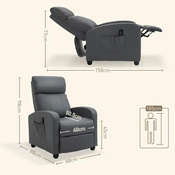 Grey push-back recliner armchair with extended leg rest and padded headrest