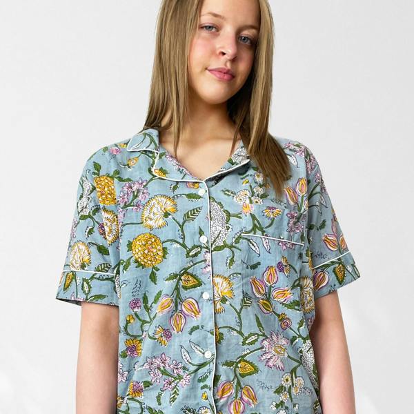 Hayley & Co Pale Blue Block Print Floral 100% Cotton Short Pyjama Set