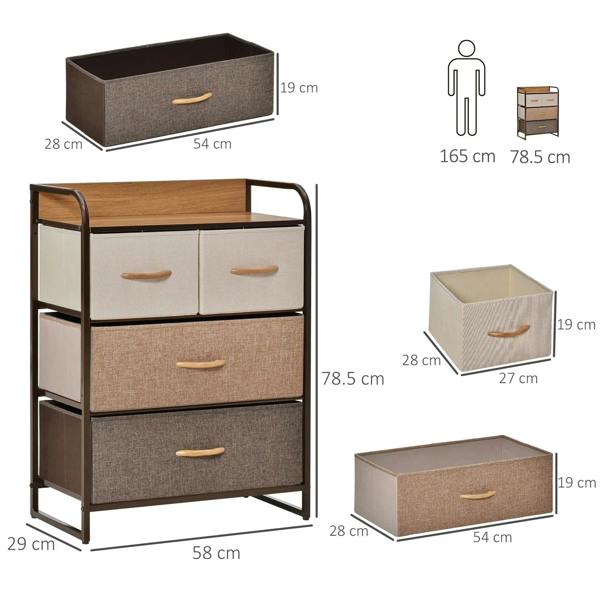 4-drawer tower dresser with wood top, fabric drawer fronts, and metal frame, side view