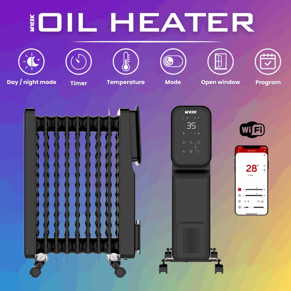 MYLEK Oil Filled Digital WiFi Smart App Enabled Heater - 3 Heat Settings & 24-Hour Timer 2000w