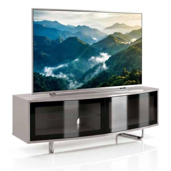 Centurion Supports Centurion Caru Gloss Black Greige Beam-Thru Remote Friendly Super-Contemporary "D" Shape Design 32"-65" LED/OLED/LCD TV Cabinet