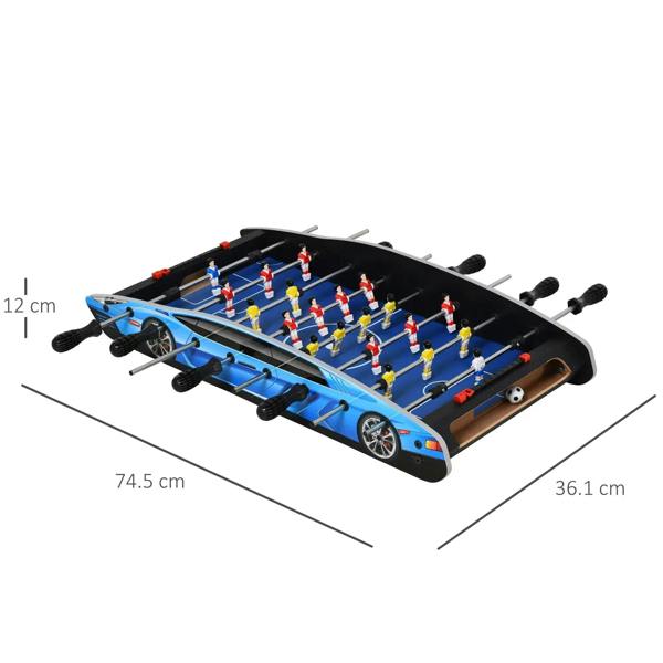 Blue mini foosball table side view with foosball rods, players, and size markings