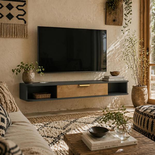 Wyld Haus Nova 120cm Wooden Charcoal Grey and Natural Floating TV Stand With Storage
