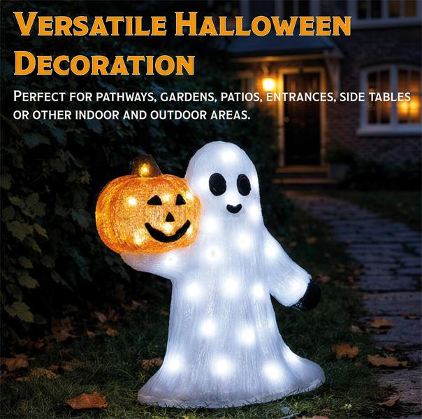 Fxlab 50L White LED Pumpkin & Ghost Halloween Outdoor Decoration with 5m Cable, Timer & IP20 Transformer, 28x12.5x29.5cm
