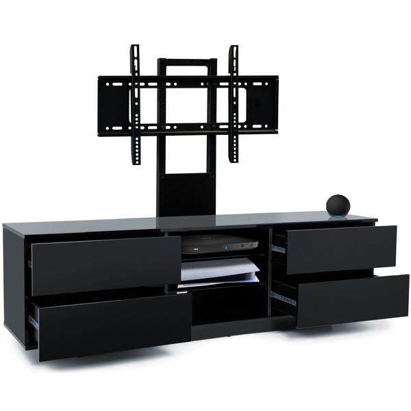 Homeology Avitus Gloss Black with 4-Black Drawers and 3-Shelves up to 65" LED/LCD/Plasma TV Stand with Mounting Arm