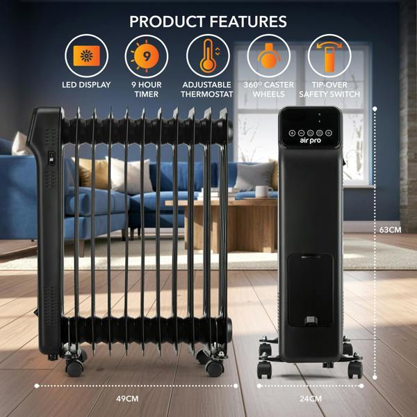 AIR PRO Oil-Filled Electric Radiator 2500W, Adjustable Thermostat, 3 Settings