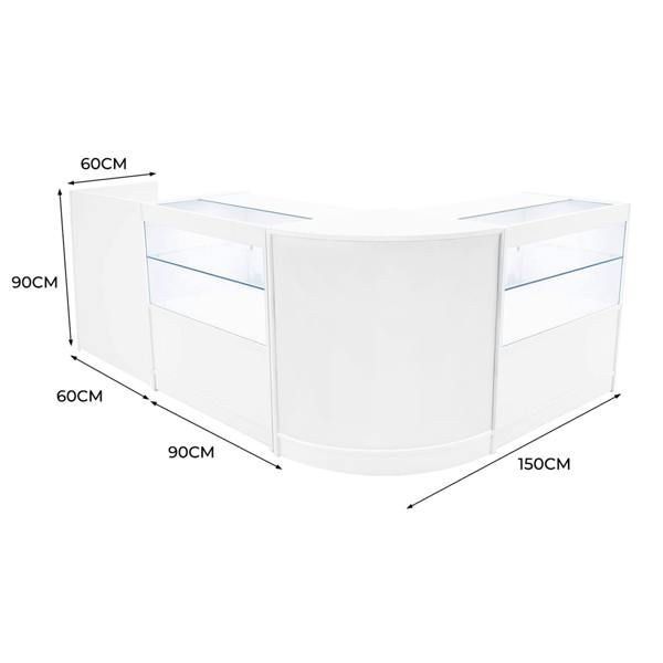 Curved white LED shop counter set with glass display sections, measuring 150cm wide, 90cm high, and 60cm deep, ideal for retail use