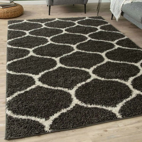 Trellis Design Thick Shaggy Area Rugs Dark Grey