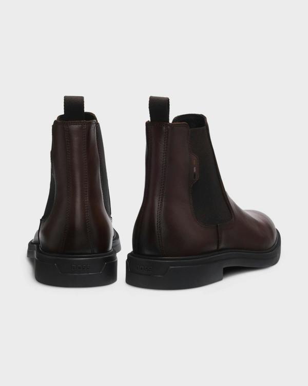 BOSS Orange Calev Mens Chelsea boots in polished leather with signature stitching - Dark Brown 201 | CHO | Designer Footwear,Mens Footwear,Boots,Short Boots