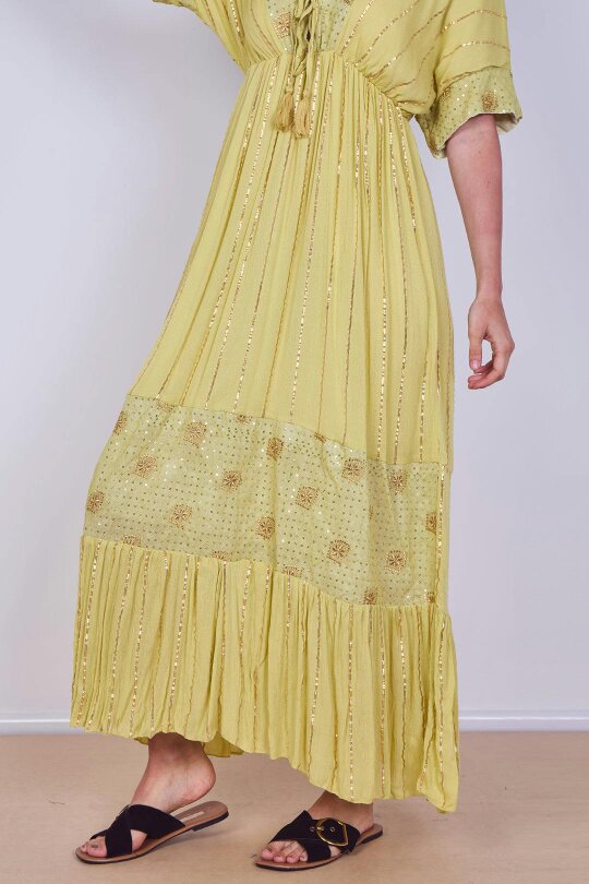 Boho Sequin Square Embroidered Maxi Dress