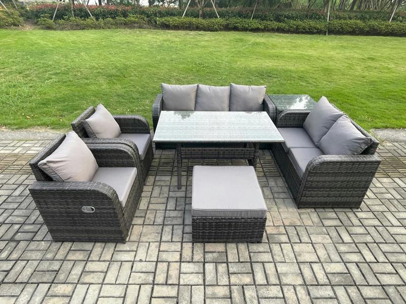 Fimous 8 Seater PE Wicker Rattan Garden Furniture Patio Set, Reclining Chair, Love Sofa, 2 Seater Sofa, Dining Table, Big Stools, Side Table, Grey