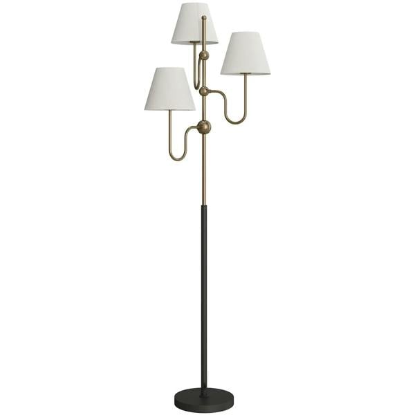 Gold 3-light standing floor lamp with three fabric shades and curved metal arms