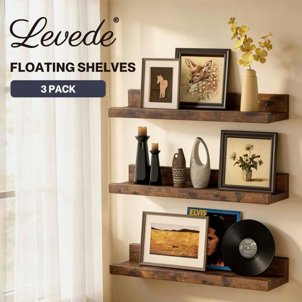Levede Wall Shelves Set of 3 Floating Shelves High Edges For Living Room Brown