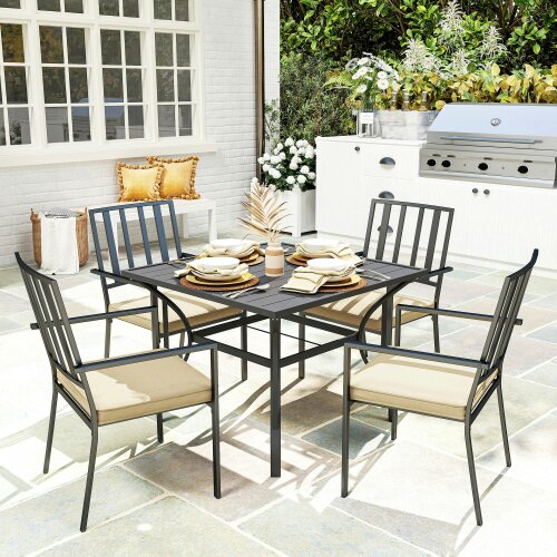 Wyld Haus Nonilu Metal Black and Cream 4 Seater Garden Dining Set With Cushions Stackable Chairs and Parasol Hole
