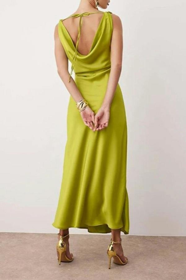 WOVCOR A-Line Cowl Neck Satin Maxi Elegant Dress