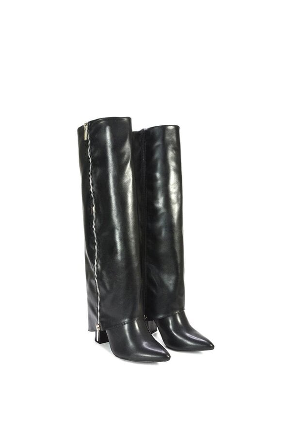 XY LONDON Knee High Boots Fold Over Point Toe Deco Zip