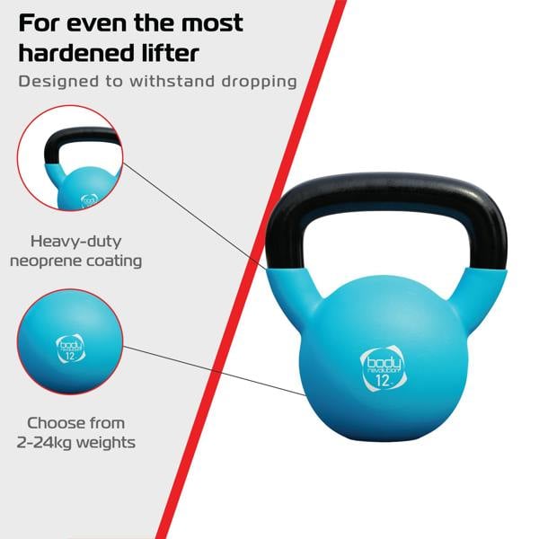 Body Revolution 12kg kettlebell with a heavy-duty blue neoprene coating, designed for durability and easy grip during workouts