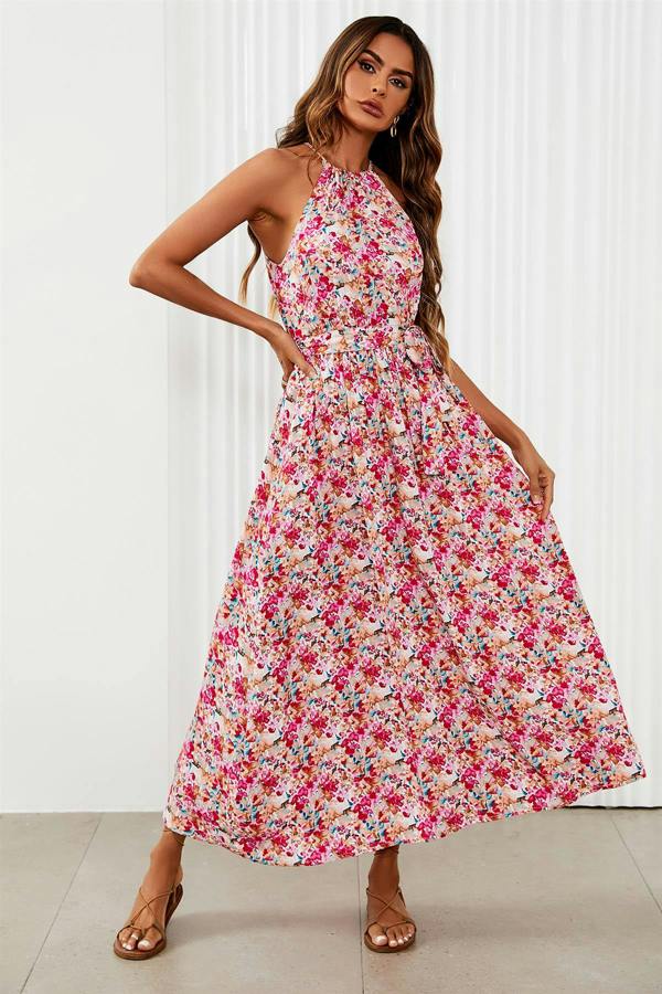 FS Collection Floral Tie Halterneck Maxi Dress In Pink