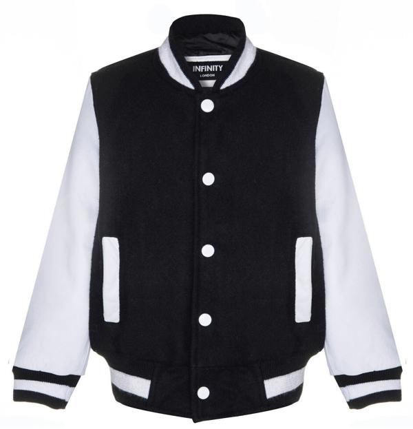 Infinity Leather Kids Varsity Black & White Bomber Jacket with Real Leather Sleeves 3-13 yrs