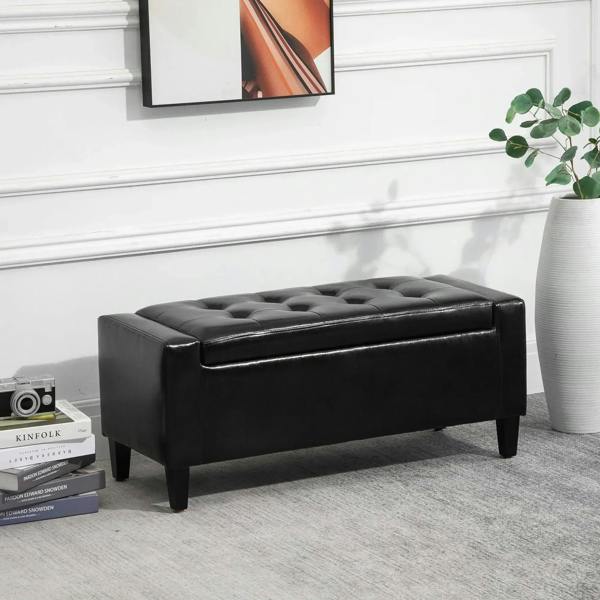 Black PU leather storage ottoman bench with tufted seat and short wooden legs