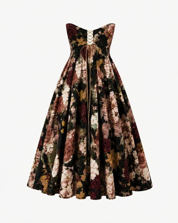 The Sarvin Golshifteh Floral Corset Midi Dress features a strapless design, dark floral print in burgundy, pink, green, and black, subtle ruching on the bodice, and a lace-up center accent for an effortlessly elegant look.