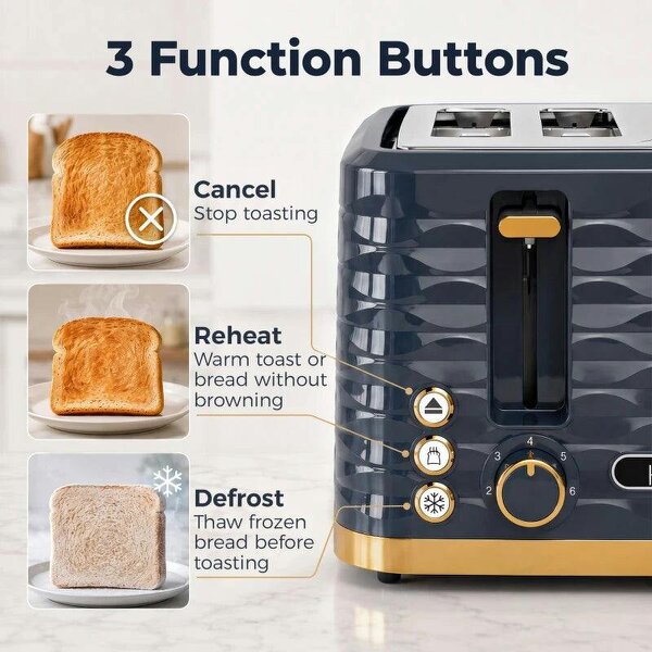 Toaster, Toaster 4 Slice with 7 Browning Levels, High Lift, Reheat/Defrost/Cancel, Dark Blue