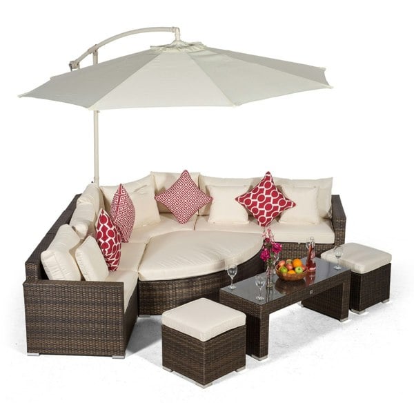 Giardino Santorini L Shape Modular 5 Seat Rattan Corner Sofa Set With Daybed Ottoman, Large Coffee Table & 2 Stools