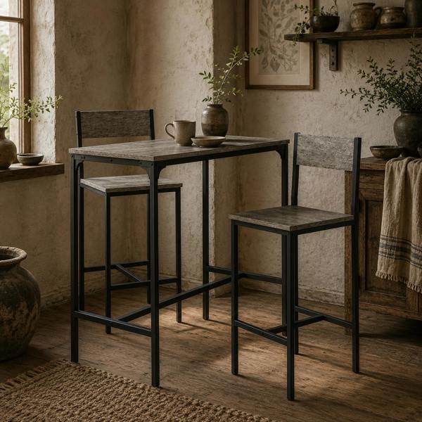 Wyld Haus Novero 3 Piece Industrial Breakfast Bar Set With 2 Stools And Footrest Support